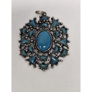 Vintage Silver Tone Faux Turquoise Pendant 1.5 x 2 Inches Southwestern Western